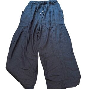 Very J Chic Black Linen Rayon Knit‎ Wide-Leg High-Waist Boho Pants WMs Large NWT